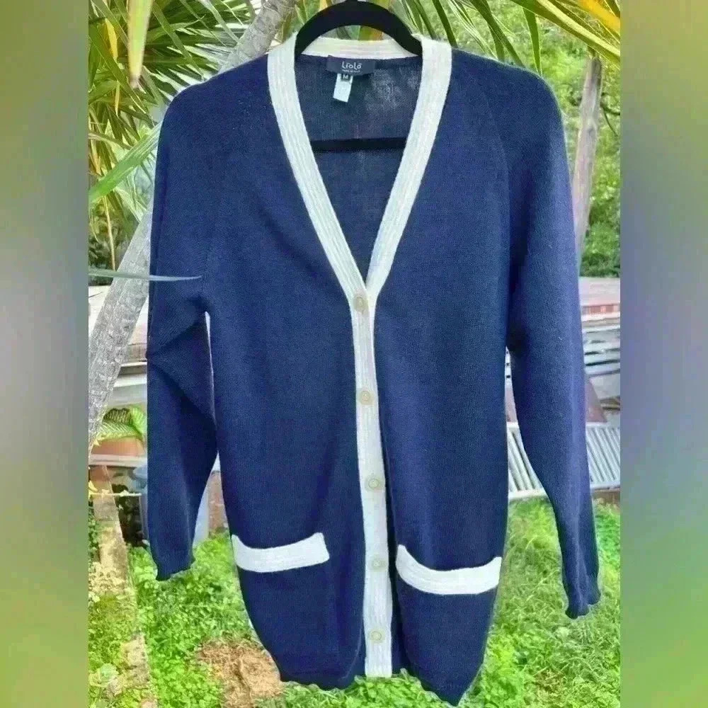 Liola Wool Cardigan Sweater Knit Navy‎ Blue White Italy Italian Preppy Academia